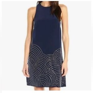 Trina Turk Navy Shift Cocktail Dress with gold embellishment